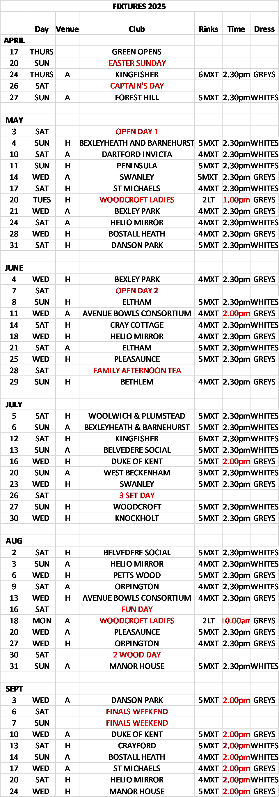 Kings Bowls Club Fixture List & Venues Kings Bowls Club Fixture List & Venues