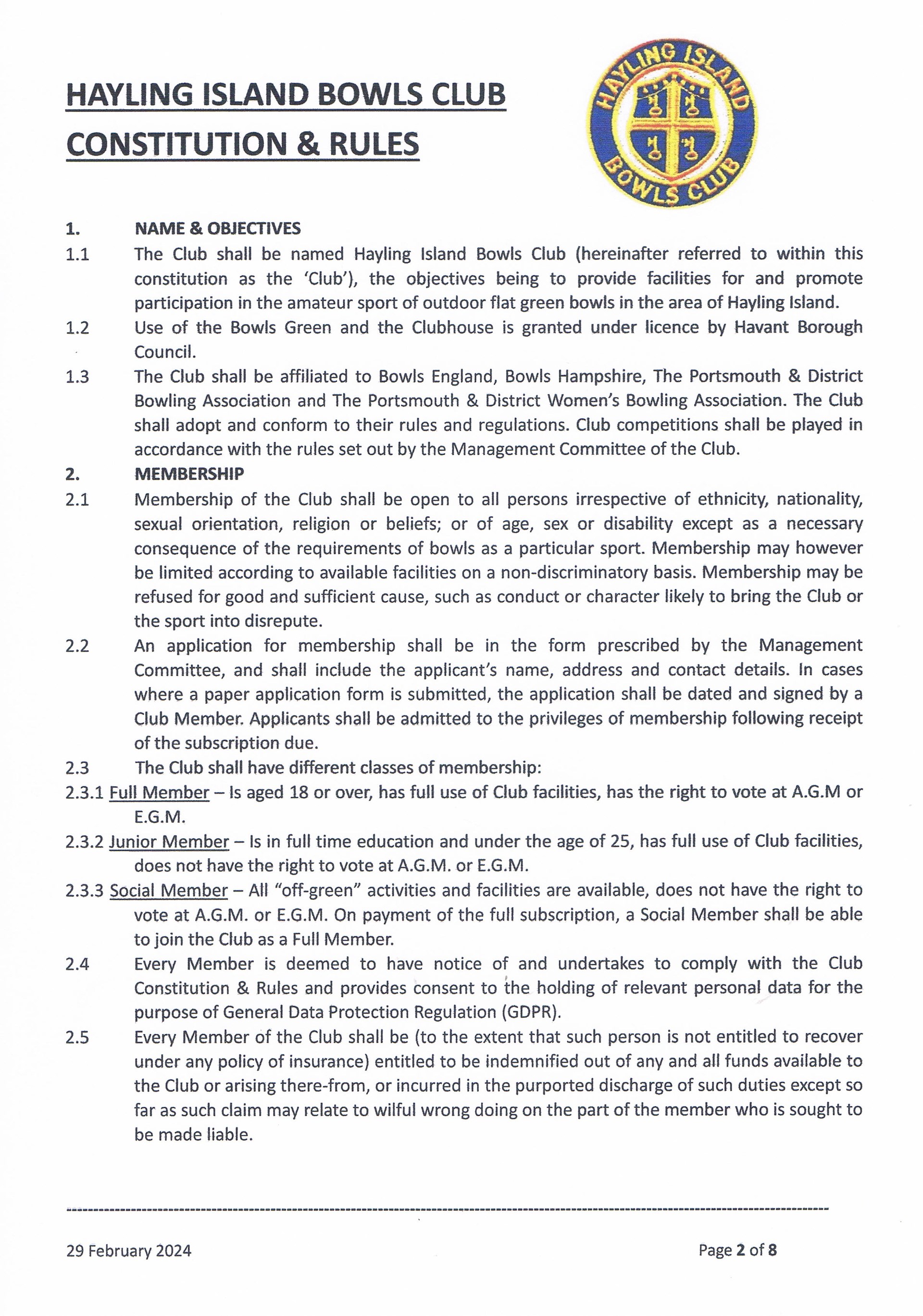 Hayling Island Bowls Club club Constitution
