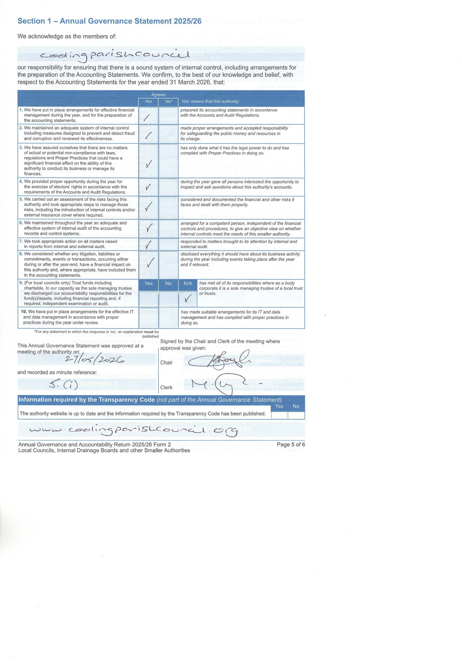 Cooling Parish Council ACCOUNTS 2025-2026