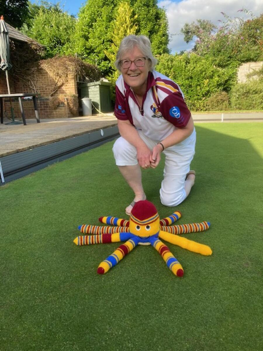 New Shiplake Club Spider Sylvester, knitted by Vice-Chair Marilyn Mowatt (pictured with Sylvester)