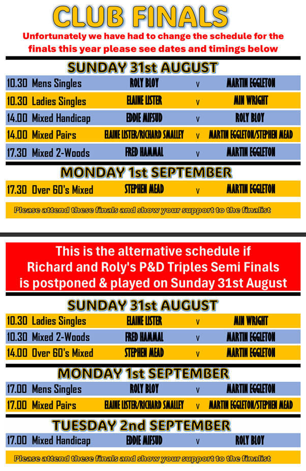 Priory Bowls Club Final Arrangements