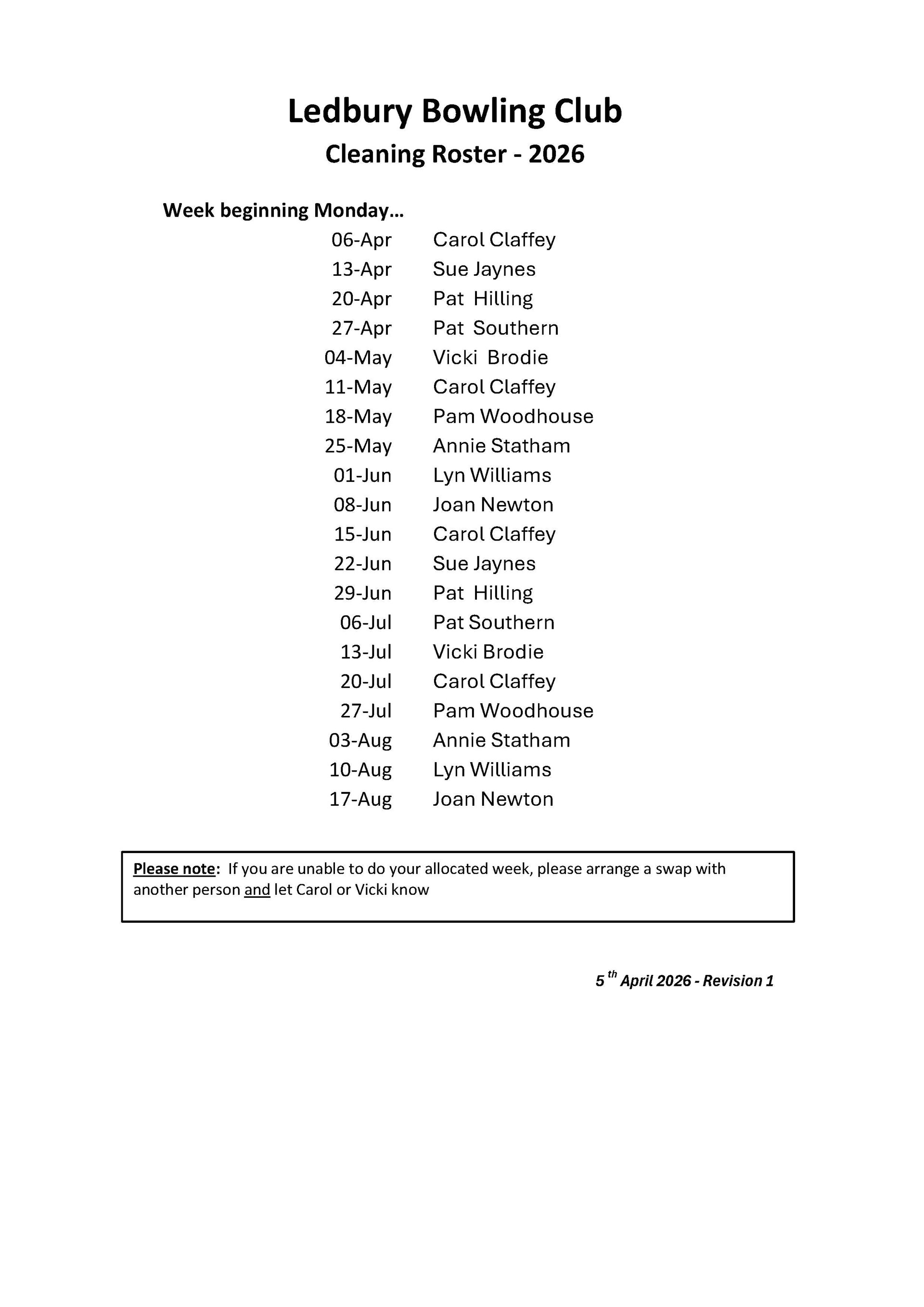 Ledbury Bowling Club Cleaning Roster