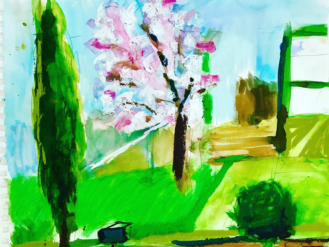 “Cherry blossom tree & tennis court”. Watercolour and pastel 2018 “Cherry blossom tree & tennis court”. Watercolour and pastel 2018