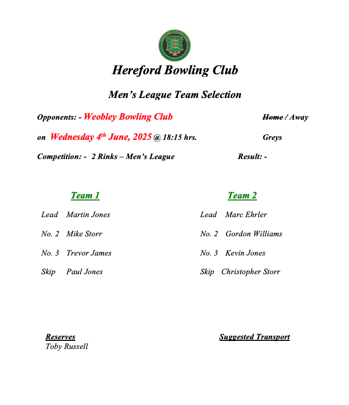 Hereford Bowling Club Weobley - Men's League - 04/05/25