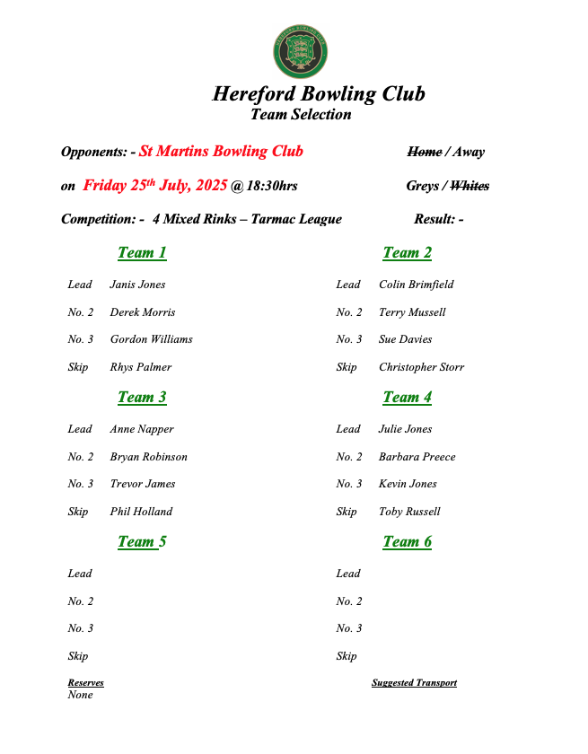 Hereford Bowling Club St. Martins - Tarmac League - 25/07/25