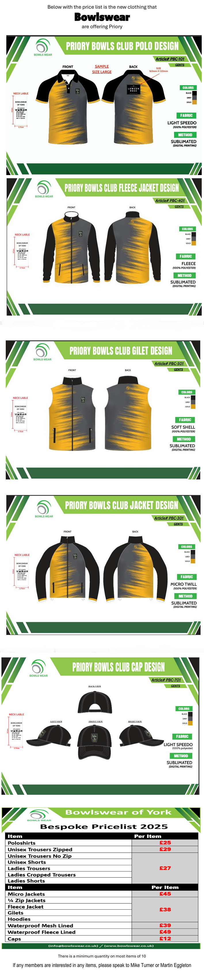 Priory Bowls Club Clothing