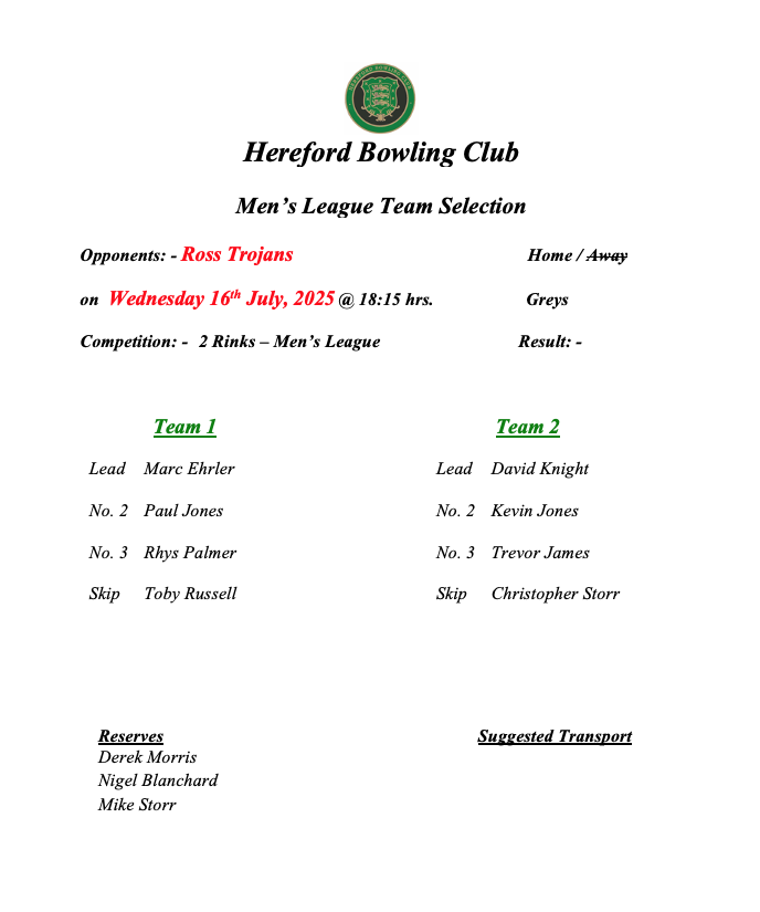 Hereford Bowling Club Ross Trojans - Men's League - 16/07/25