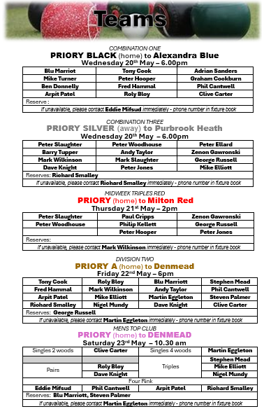 Priory Bowls Club Teams for week beginning 18th May
