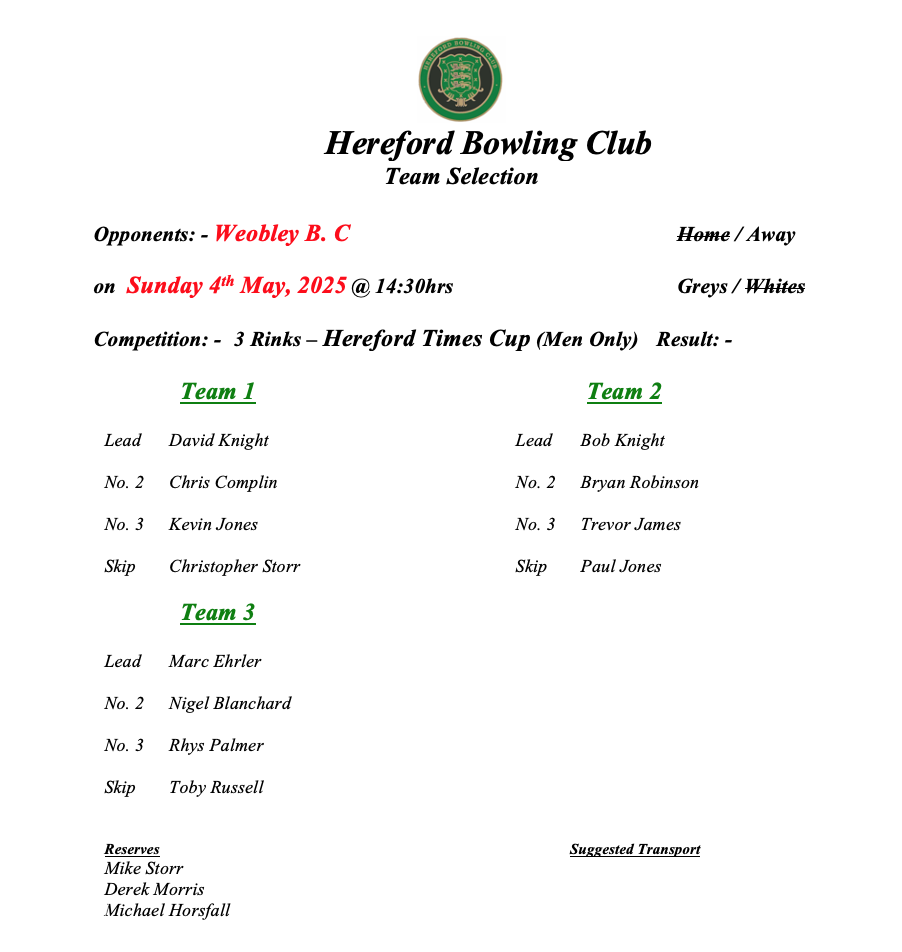 Hereford Bowling Club Weobley - HTC - 04/05/25