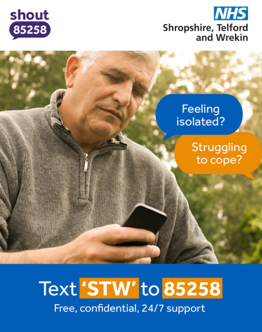 New Mental Health Support Service From 1 December, a new, free 24/7 mental health text support service is available for people of all ages living in Shropshire, Telford and Wrekin (STW).  A free, confidential 24/7 mental health text support service for all ages in Shropshire, Telford and Wrekin, delivered by qualified mental health professionals.  The service is delivered by SHOUT on behalf of Midlands Partnership University NHS Foundation Trust (MPFT) who are commissioned by NHS Shropshire, Telford and Wrekin.