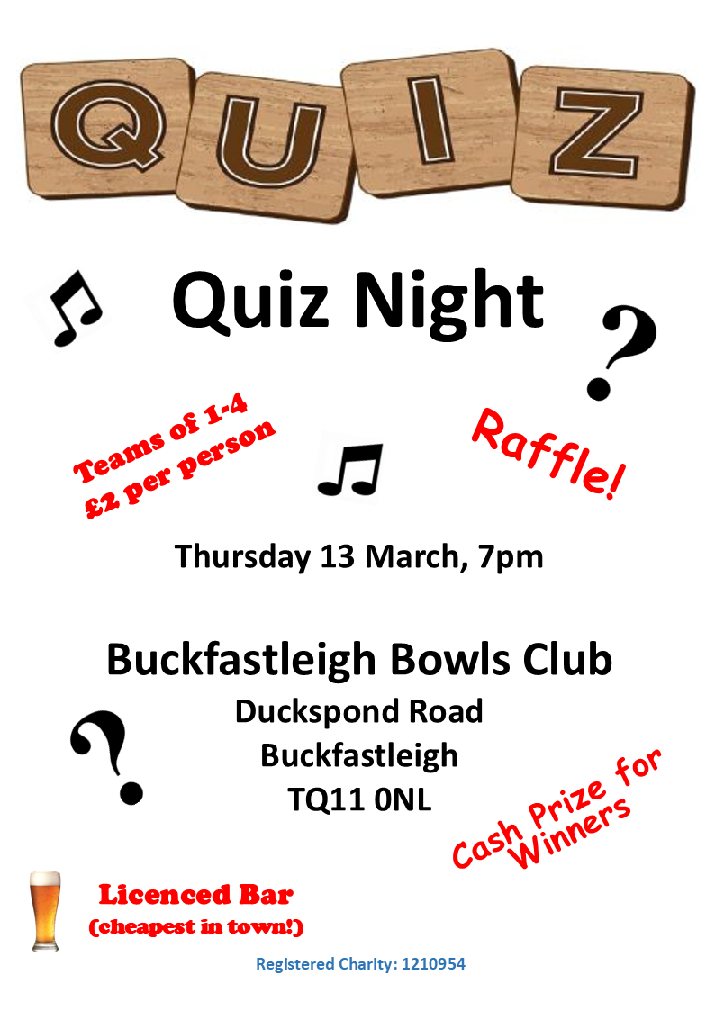 Buckfastleigh Bowling Club Quiz Night - Thursday 13 March, 7pm