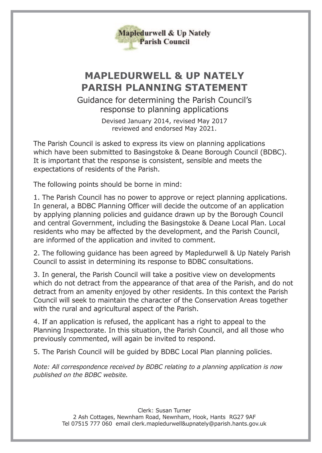 Mapledurwell & Up Nately Parish Council Parish Planning Statement
