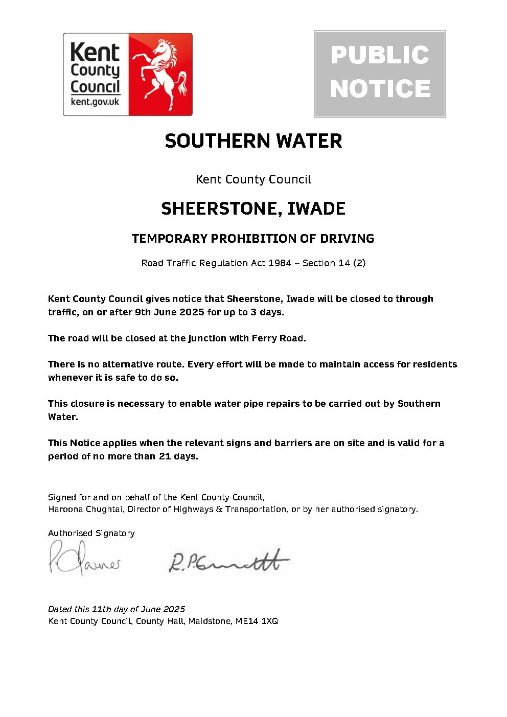 Iwade Parish Council Road and Footpath closures Iwade Parish Council Road and Footpath closures