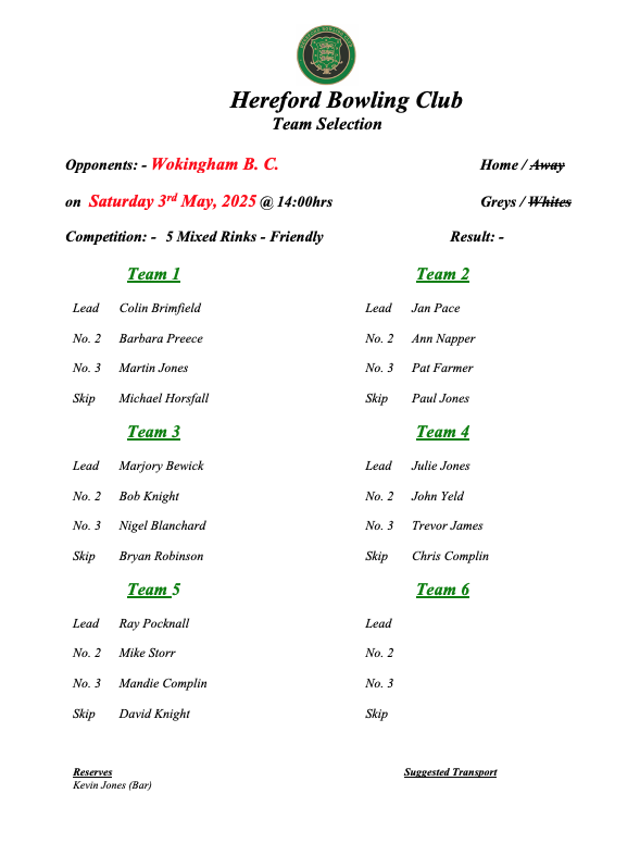 Hereford Bowling Club Wokingham B. C - Friendly - 03/05/25