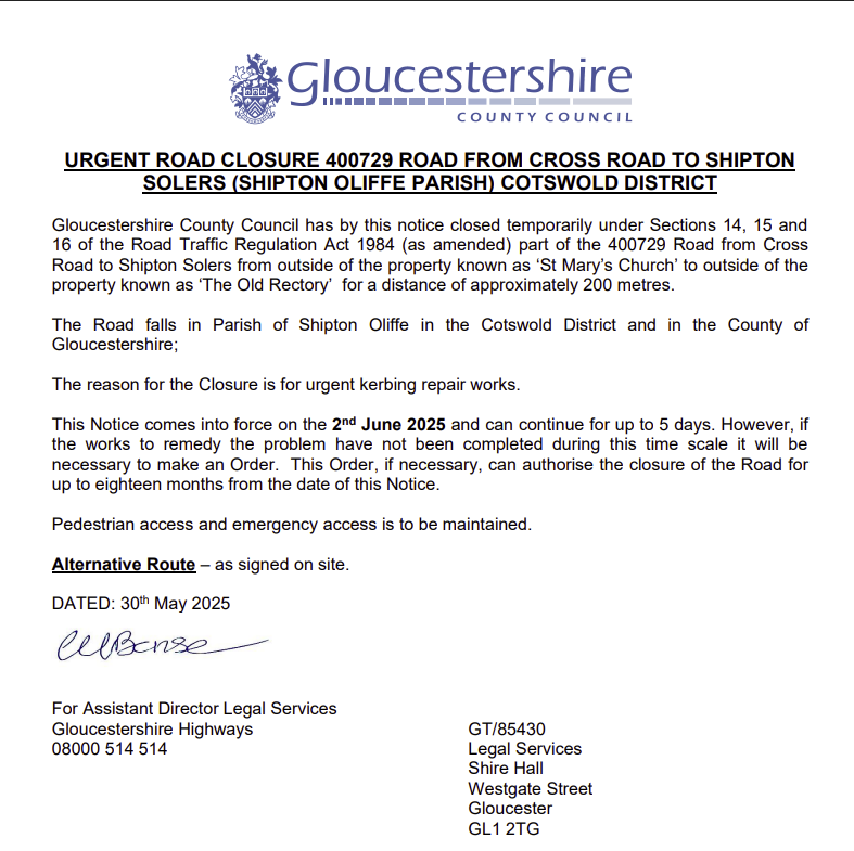Shipton Village Road Closures Shipton Village Road Closures
