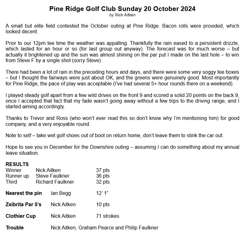 Bracknell Cavaliers Golf Society Pine Ridge 20 October 2024
