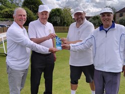 Australian Pairs winners Kevin Thomas & Dave Cutbush (on L) receiving the trophy from Runners up Keith Cusdin & Bruce Acock