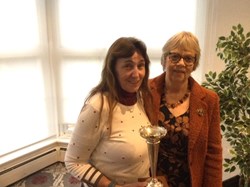 Sue Burbidge winner of the Gower Cup 3-wood singles.  Winner Chris Wotton.  Presented by Irene O'Brien Sue Burbidge winner of the Gower Cup 3-wood singles.  Winner Chris Wotton.  Presented by Irene O'Brien