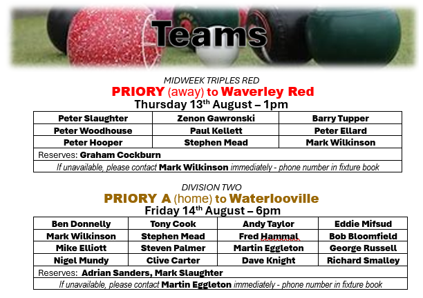 Priory Bowls Club Teams for week  beginning 10th August