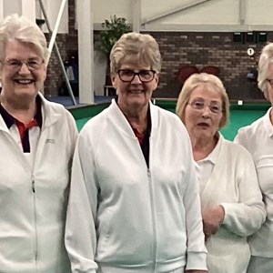 County Indoors Triples finalists, from the left: Shirley Suffling, Elizabeth Wallace, Chris Ford, Rose March, Pat Jones, Denise Mackie