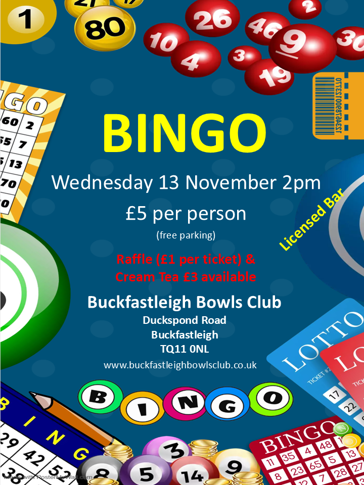 Buckfastleigh Bowling Club Bingo Wednesday 13 November 2024, 2pm