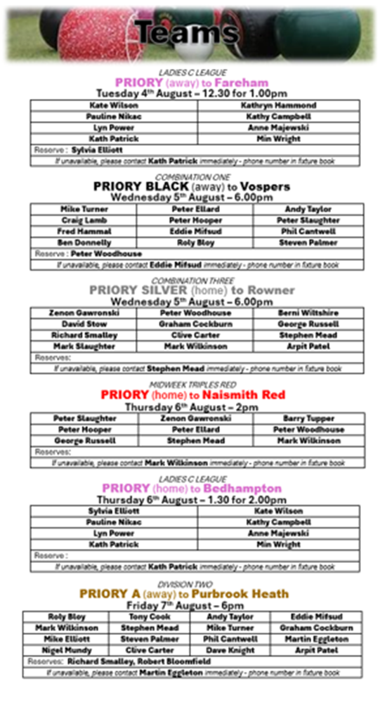 Priory Bowls Club Teams for week beginning 3rd August