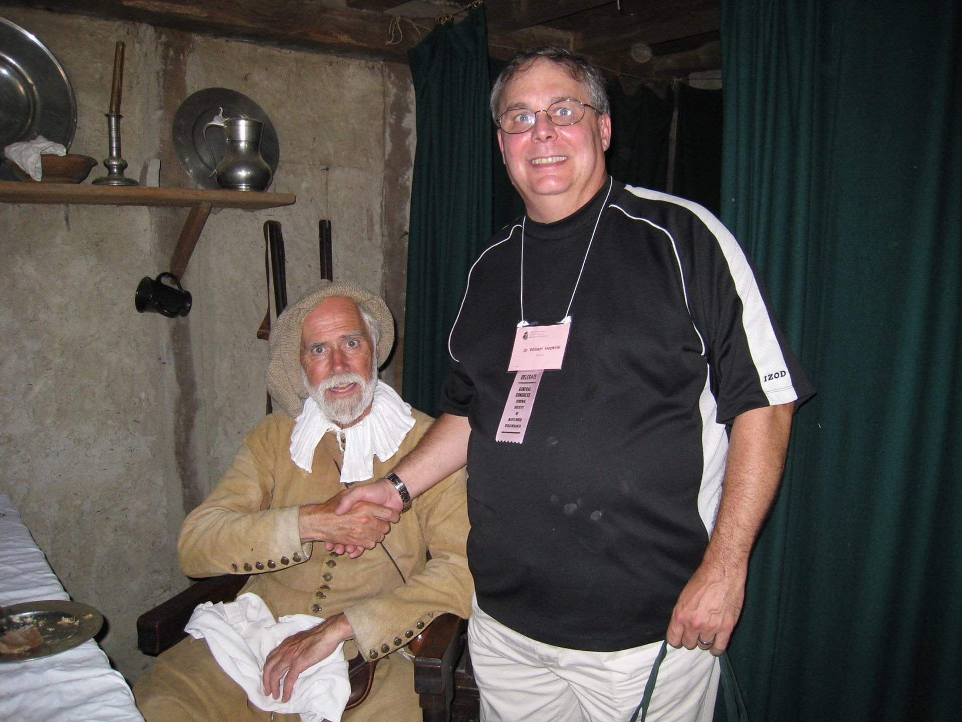 One of the descendants of Stephen Hopkins with an actor in the role of Stephen at the Plymouth Plantation, a re-creation of Plymouth as it would have been in 1627.