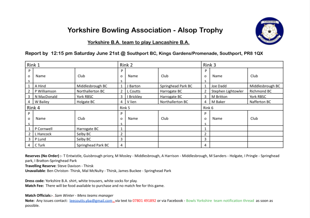 Yorkshire Bowling Association Alsop Trophy v Lancashire 21/6/2025