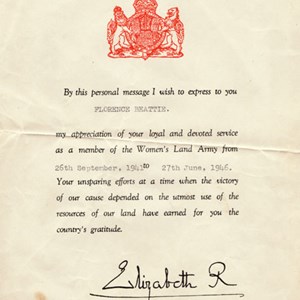 Florence Beattie - Personal Message from the Queen for the Women's Land Army
