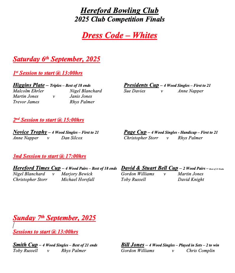 Hereford Bowling Club Club Competition Finals (Dates & Times)