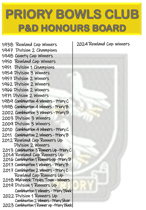 Priory Bowls Club P & D Team Honours Board