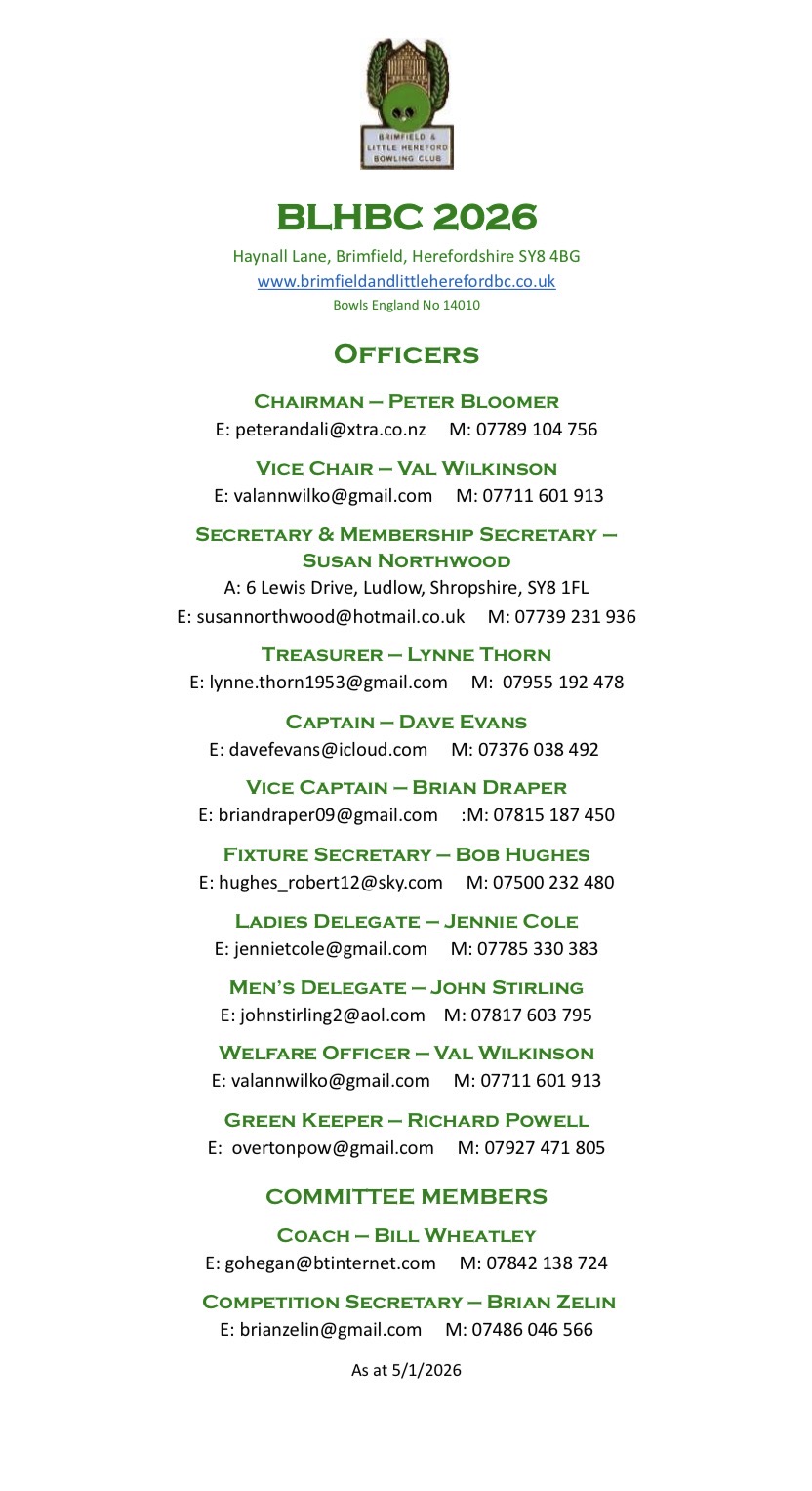 Brimfield and Little Hereford Bowling Club Your Committee