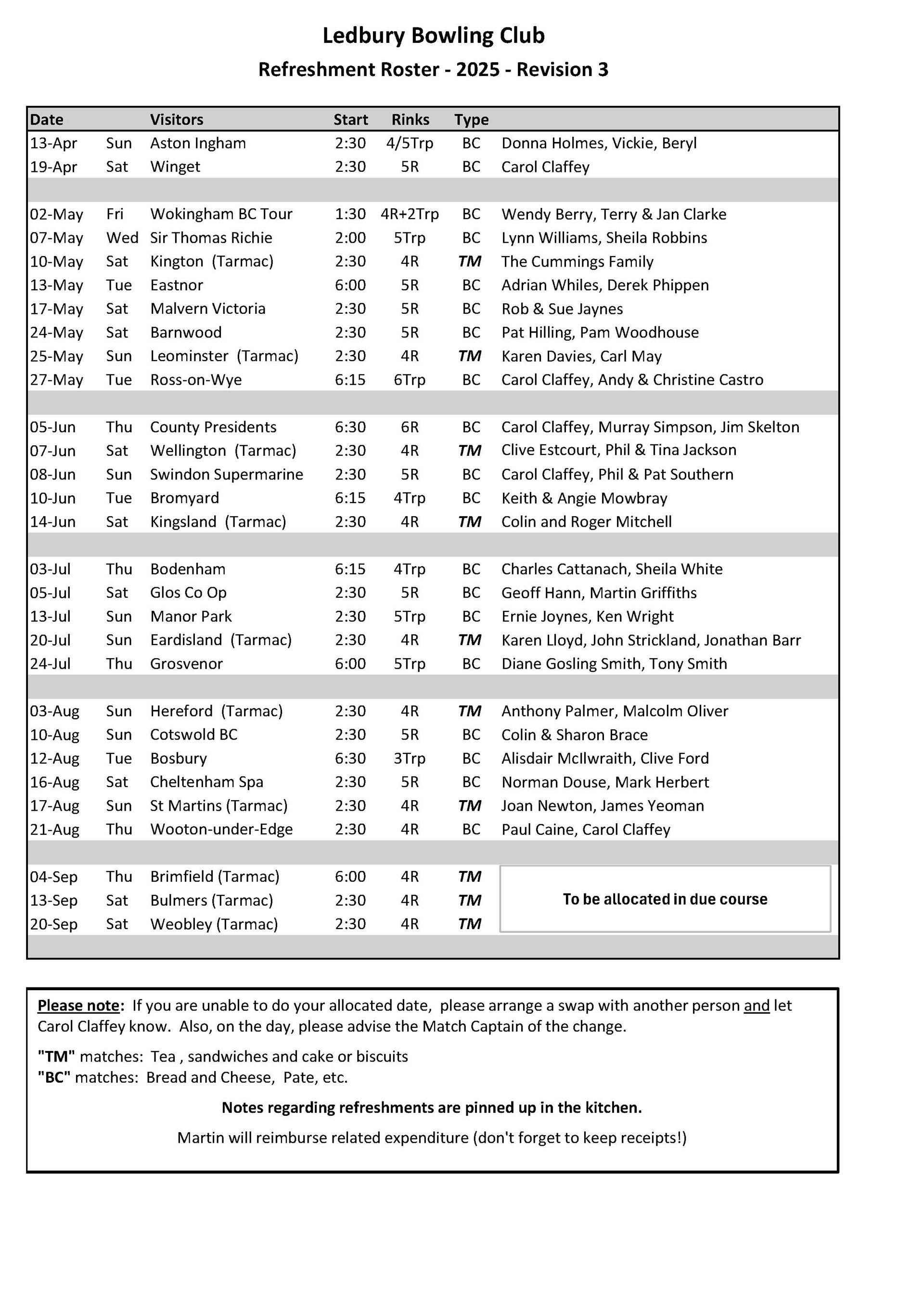 Ledbury Bowling Club Refreshment Roster