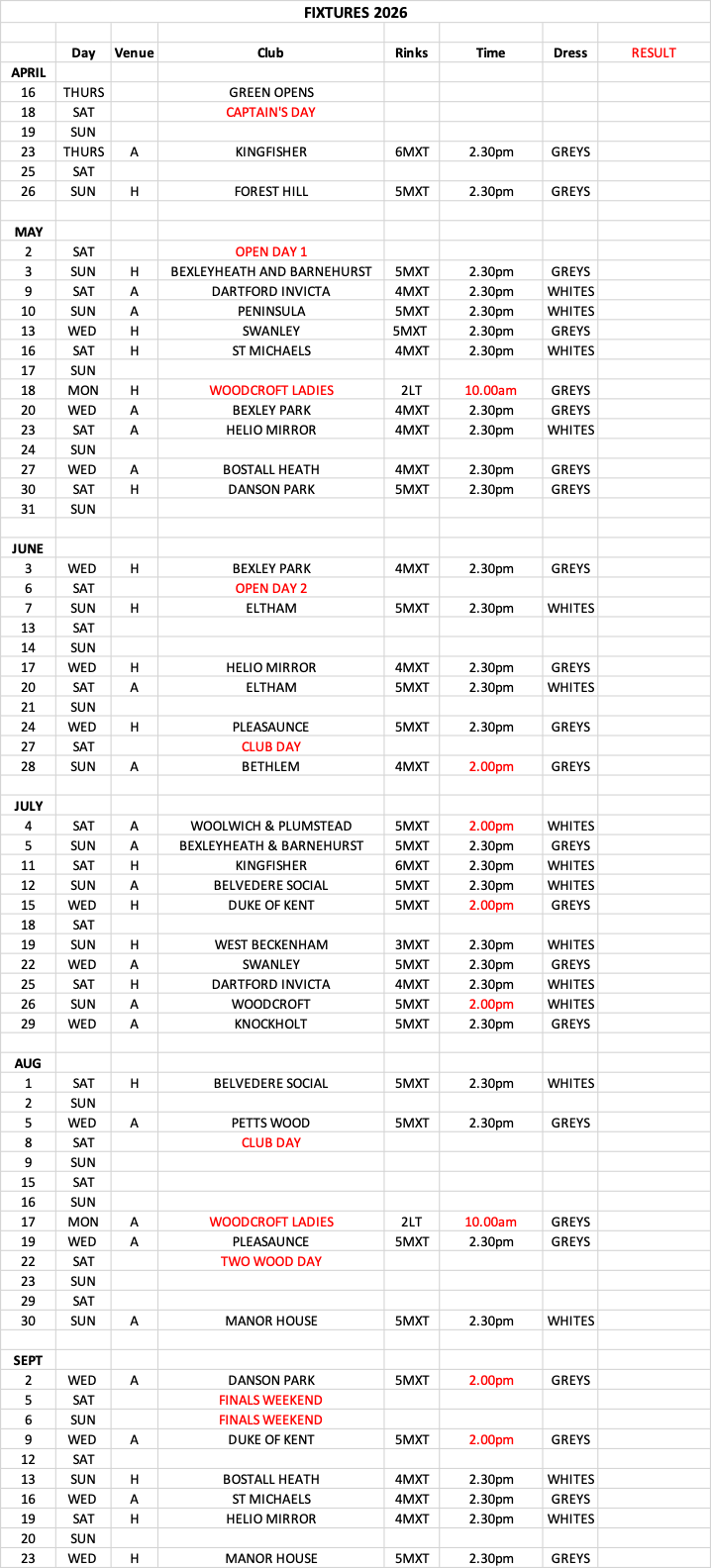 Kings Bowls Club Fixture List & Venues
