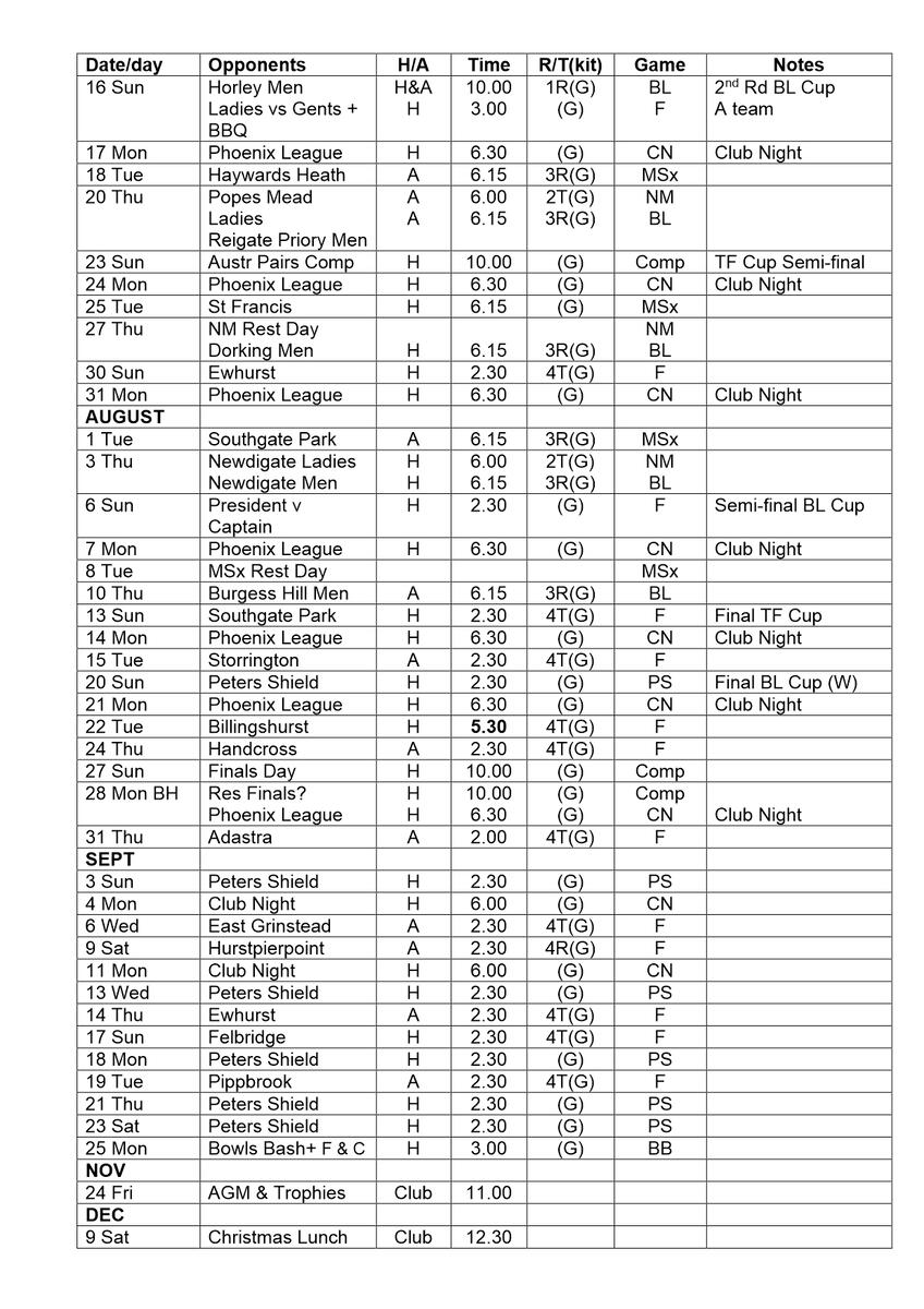 Horsham Park Bowls Club 2023 Fixture Calendar