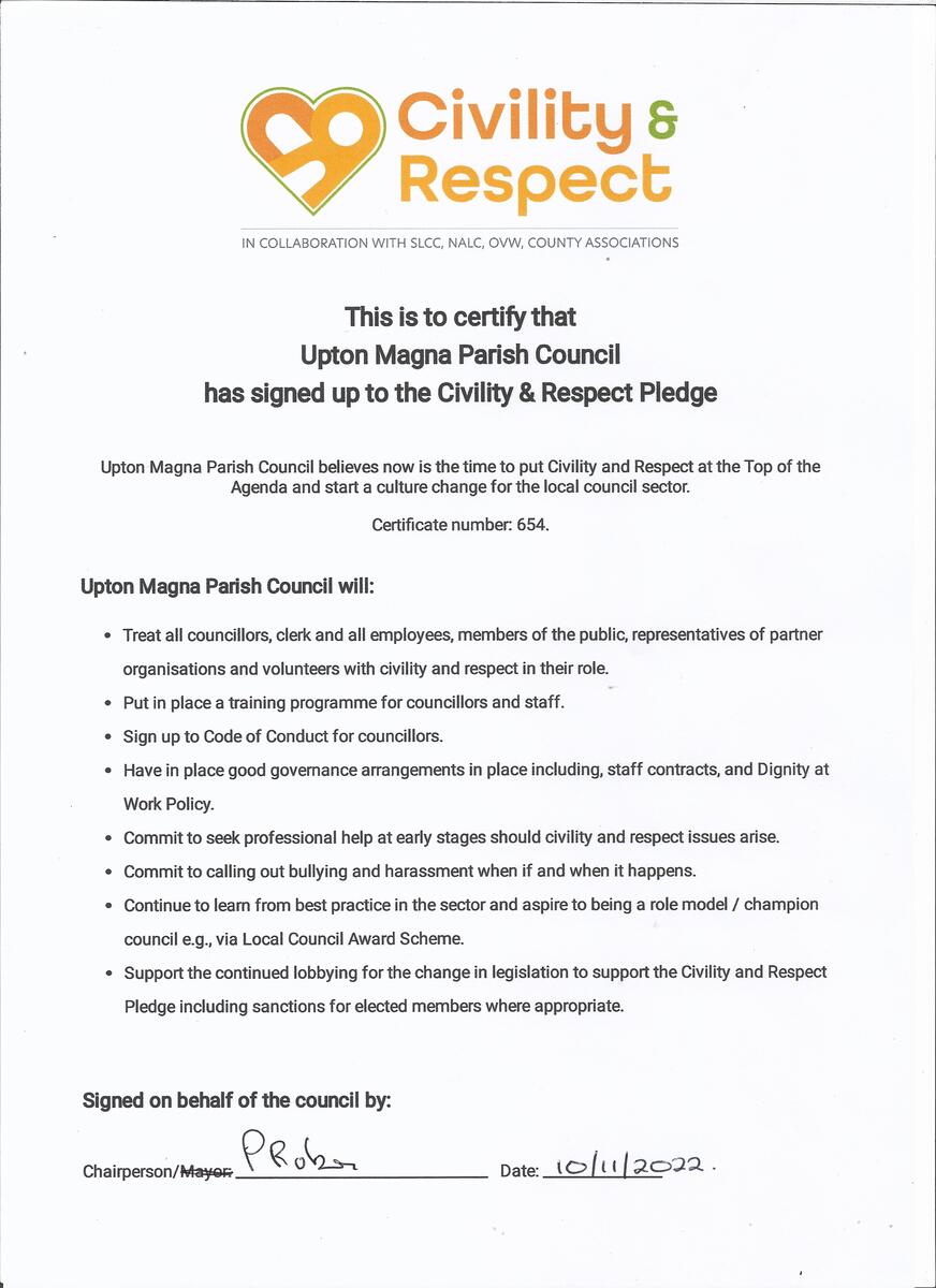 UPTON MAGNA PARISH COUNCIL Civility and Respect Pledge