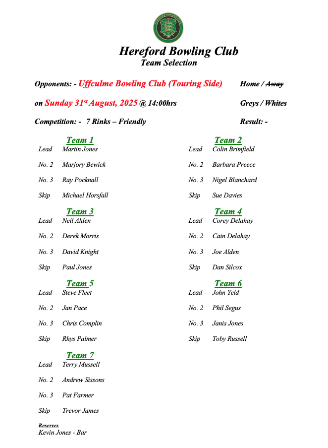 Hereford Bowling Club Ufflcolme - Friendly - 31/08/25