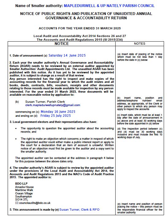 Mapledurwell & Up Nately Parish Council Finance Mapledurwell & Up Nately Parish Council Finance