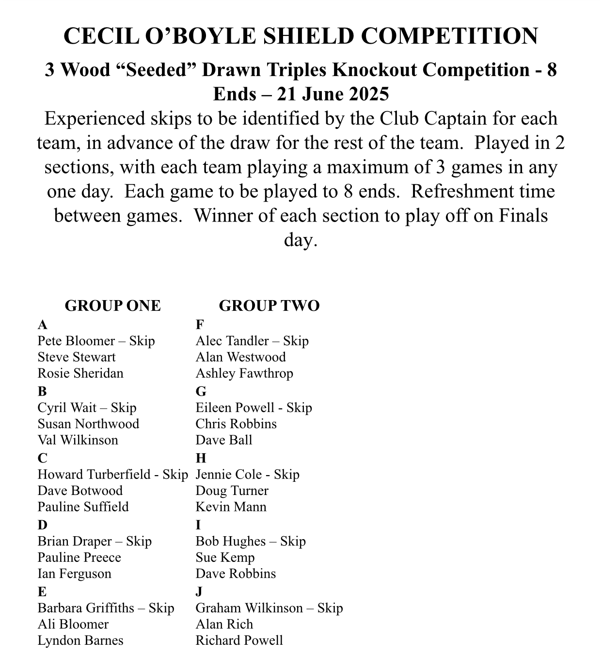 Brimfield and Little Hereford Bowling Club Draw for competitions