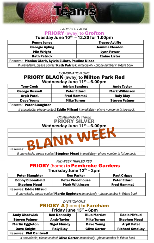 Priory Bowls Club Teams for week beginning 9th June