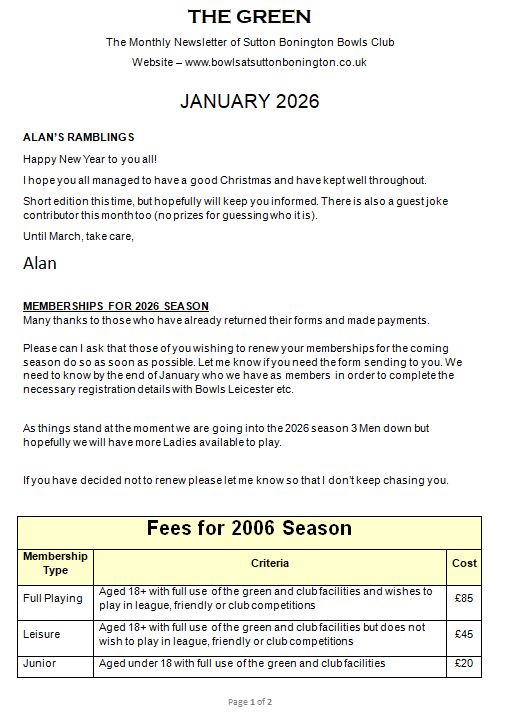 Sutton Bonington Bowls Club Club Newsletters