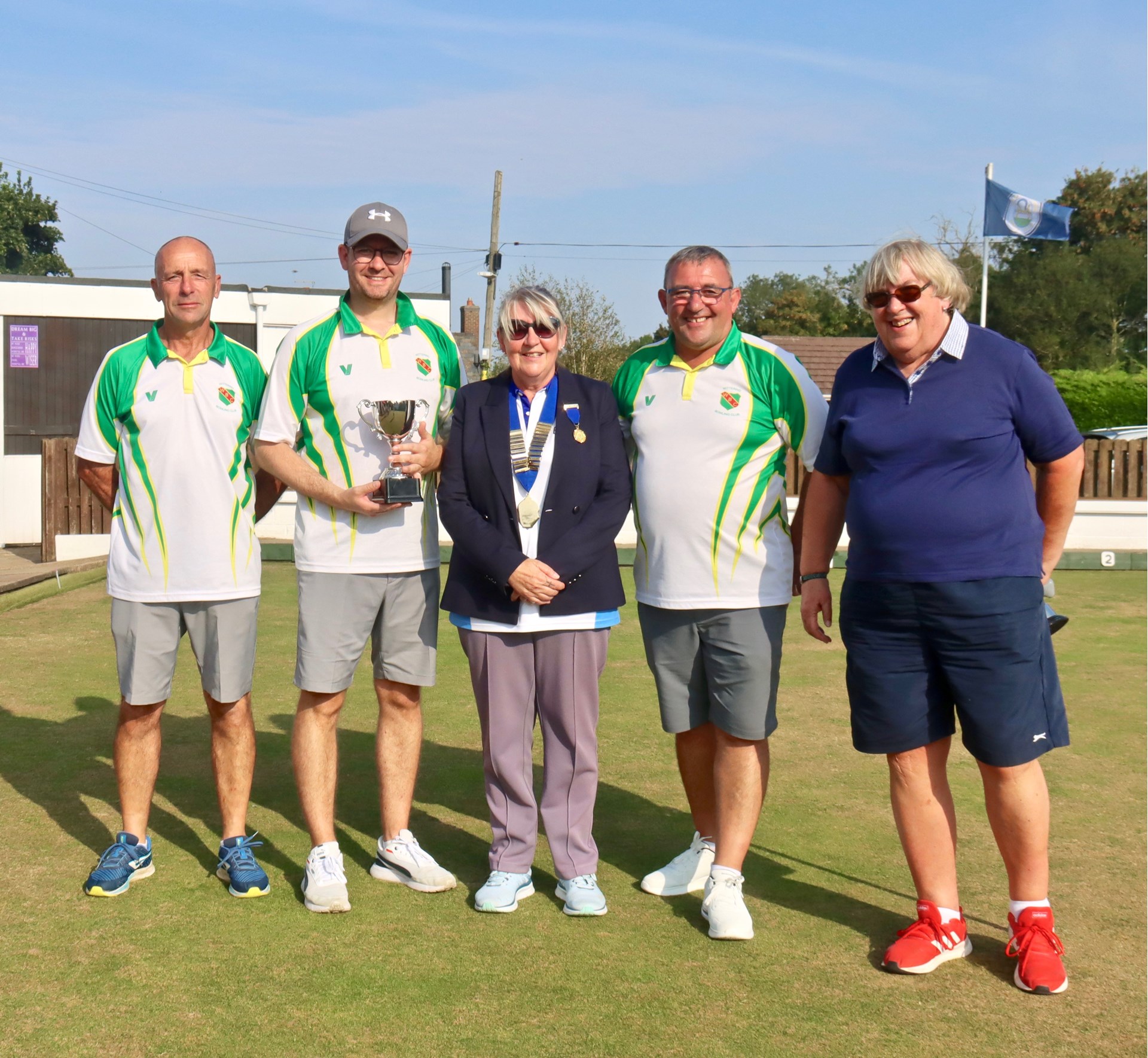 Winners 2024 - Wittering: Dave Pusch, Mike Anderson and Ally McNaughton  with President Rita Downs and Secretary Nina Rawlins