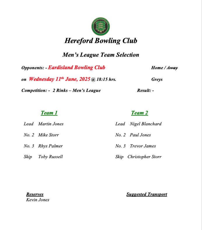 Hereford Bowling Club Eardisland - Men's League - 11/05/25