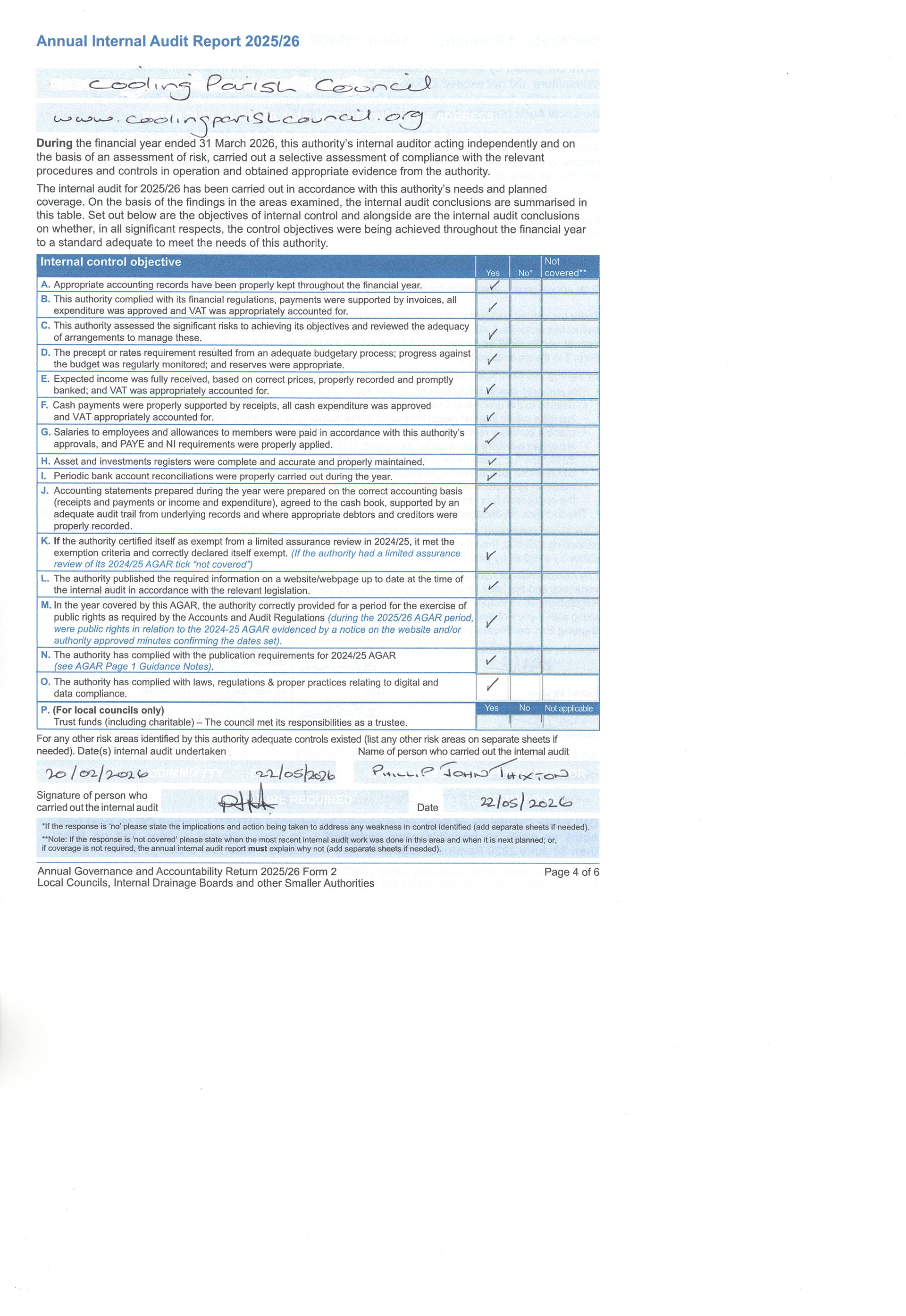 Cooling Parish Council ACCOUNTS 2025-2026