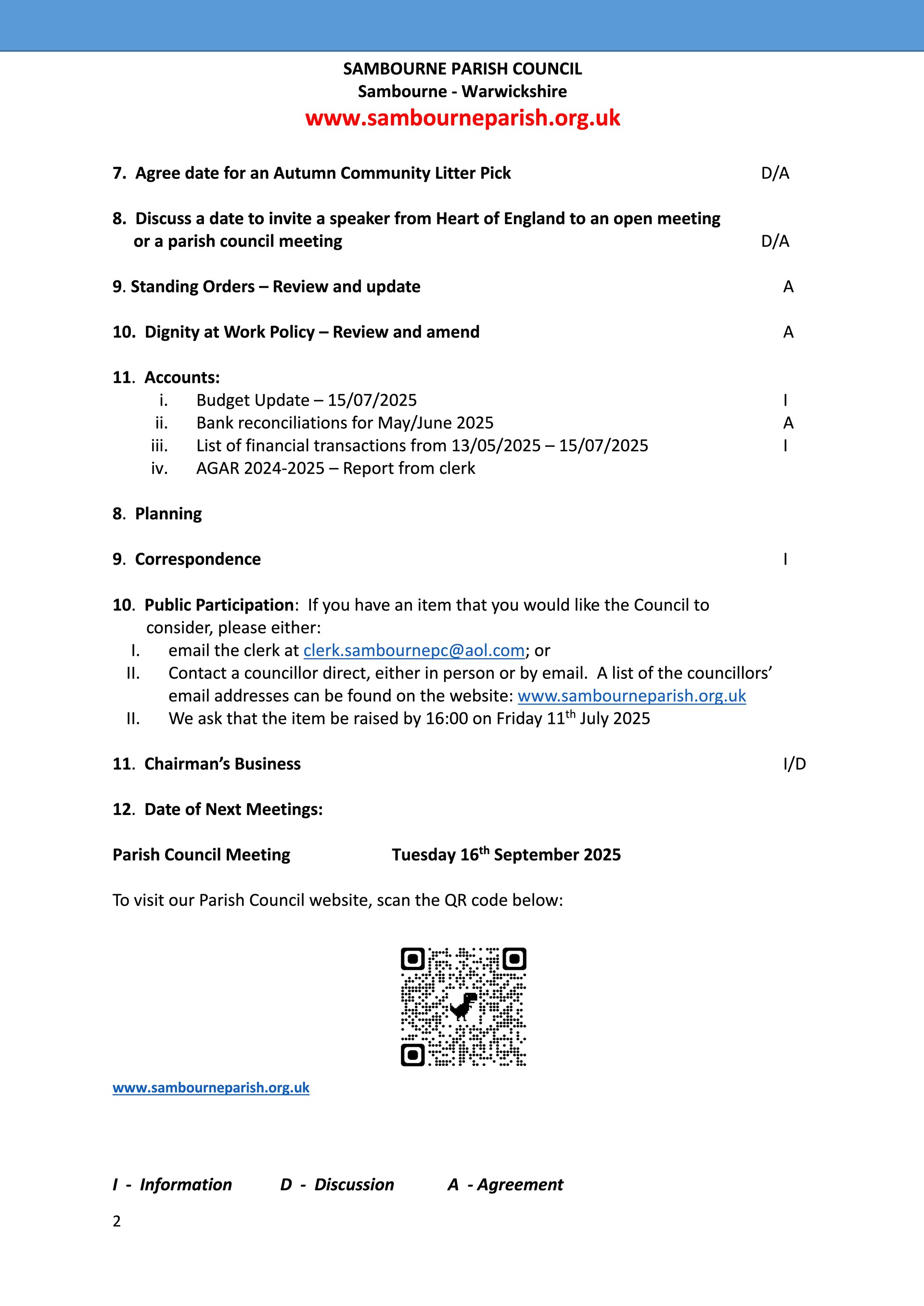 Sambourne Parish Council Agendas Sambourne Parish Council Agendas