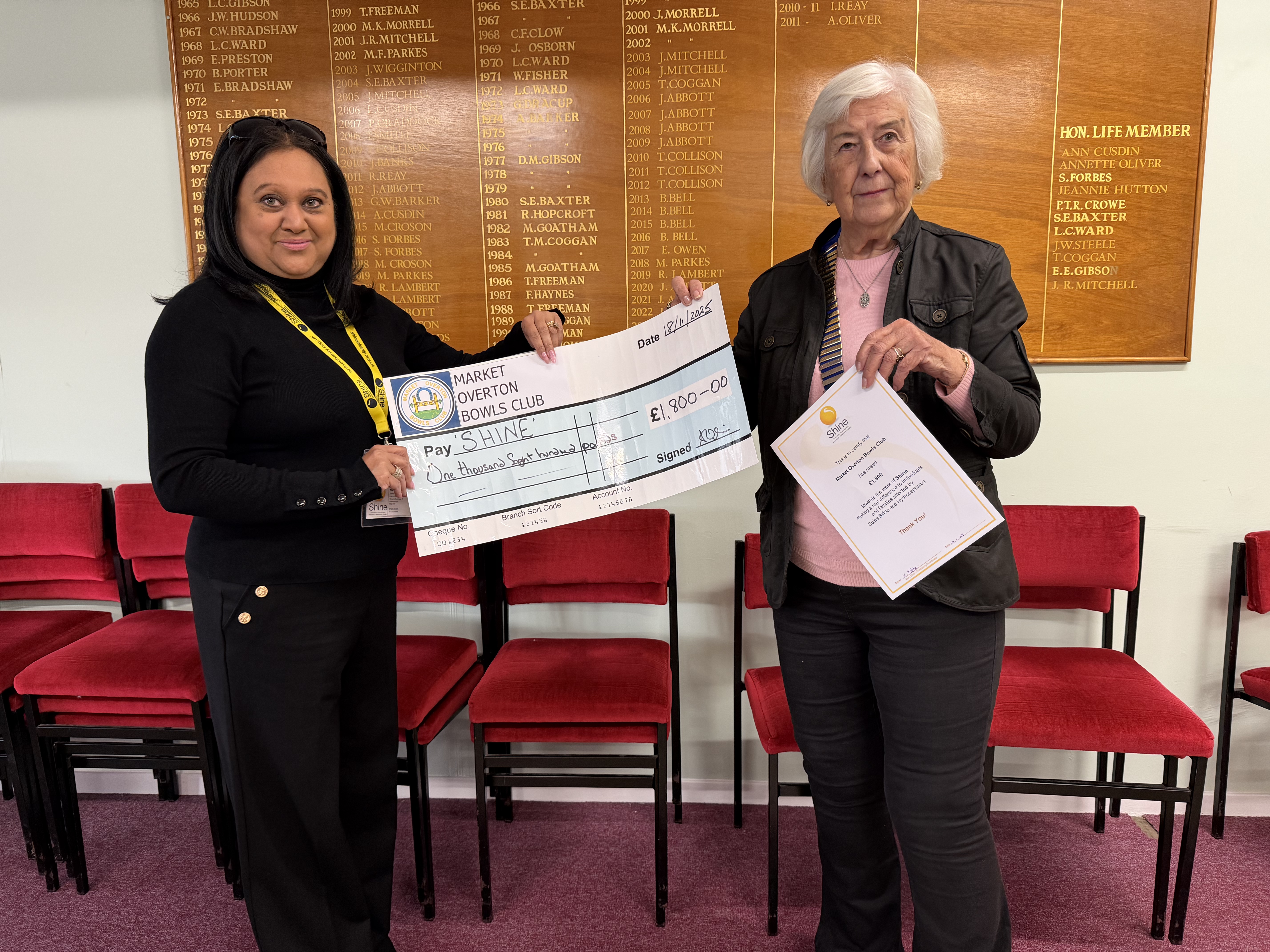 President Annette Oliver presenting cheque for £1800 to SHINE representative