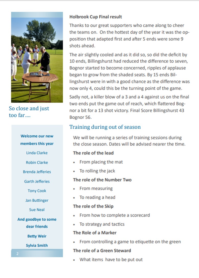 Billingshurst Bowling Club Newsletter November 2023
