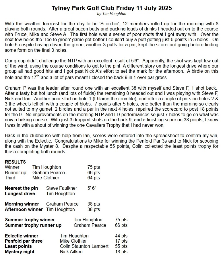 Bracknell Cavaliers Golf Society Tylney Park Friday 11 July 2025