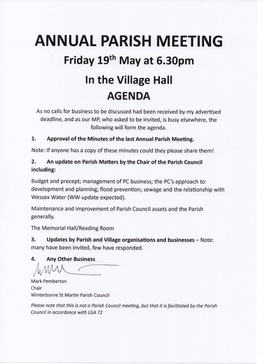 Winterborne St Martin Parish Council 19 May 23 Annual Parish Meeting Papers