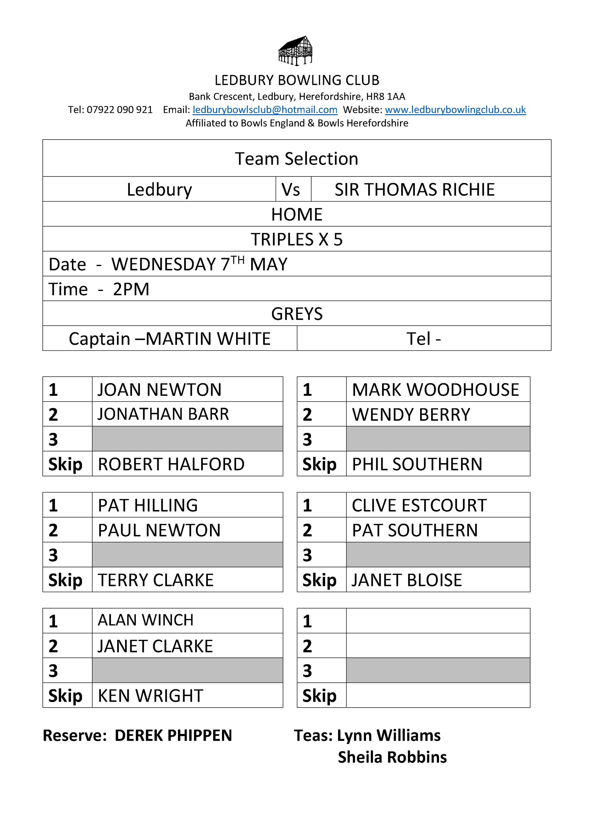 Ledbury Bowling Club Sir Thomas Ritchie 7th May